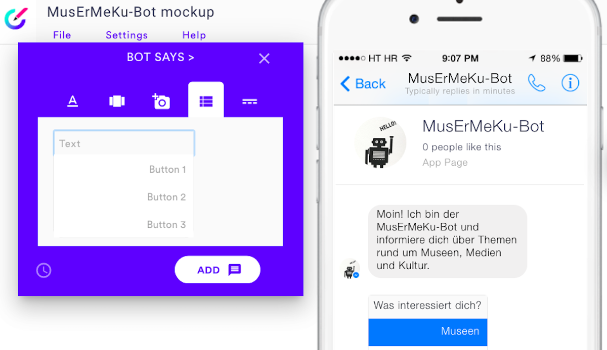 Screenshot: Botsociety, MusErMeKu-Bot MockUp - Inhaltselemente des Bot-Dialogs