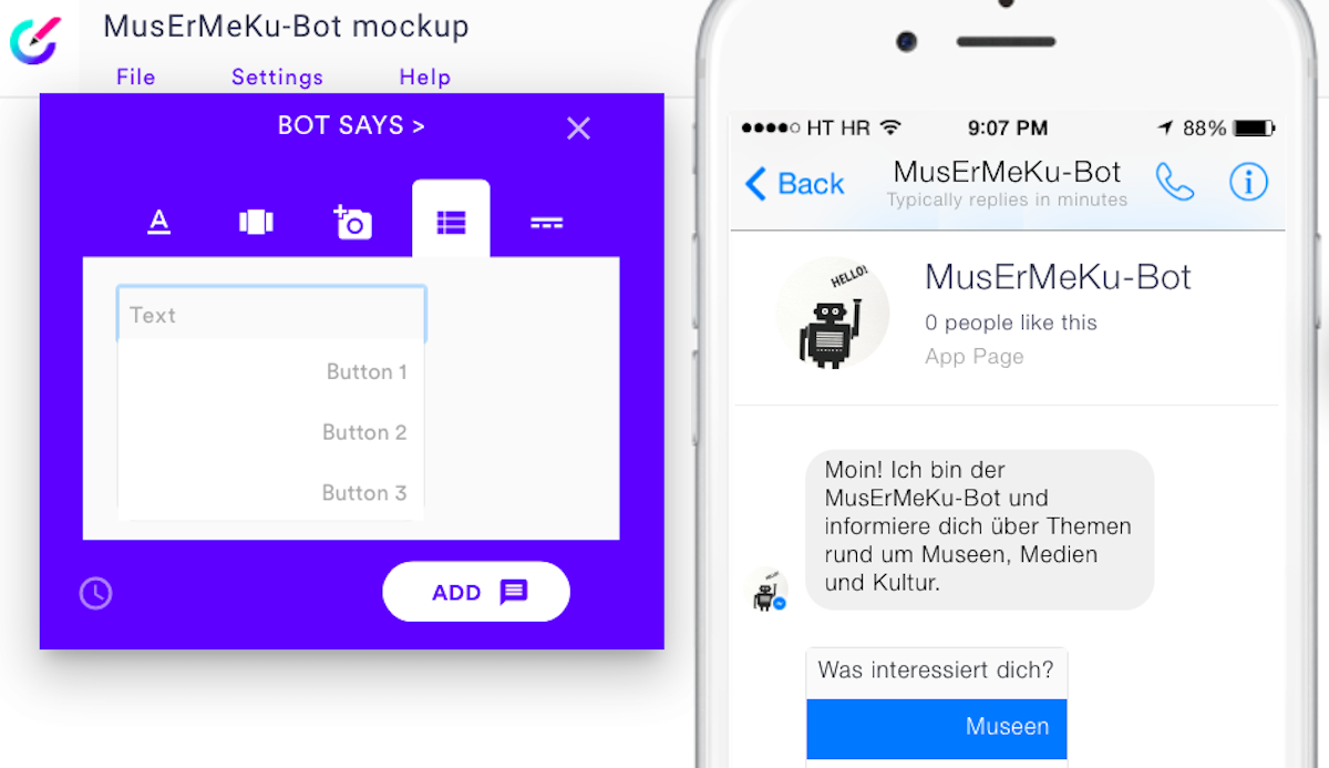 Screenshot: Botsociety, musermeku-Bot MockUp - Inhaltselemente des Bot-Dialogs