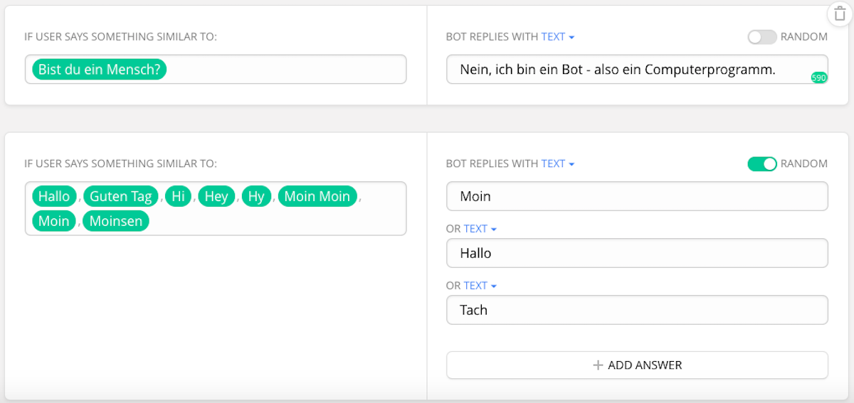 Screenshot: Chatfuel- Antwort-Definition für Freitext-Eingabe von Nutzern