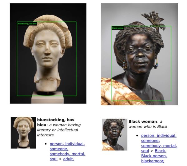 Bei ImageNet Roulette wird die römische Statue als "eine Frau mit literarischen Interessen" eingestuft, während die Büste der Schwarzen Frau einfach als "Schwarze Frau" bezeichnet wird.
