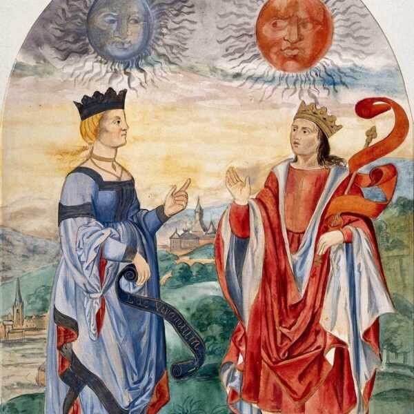 Salomon Trismosin: A moon above a queen dressed in blue, and a sun above a king dressed in red