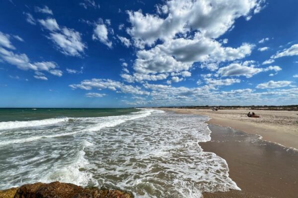 Der Platja de la Devesa del Saler, ein weitläufiger naturbelassener Sandstrand südlich von Valencia, liegt inmitten des Naturparks L’Albufera.