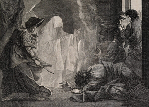 The witch of Endor conjures up the ghost of Samuel at the request of Saul, who lies petrified on the ground. Engraving by R.I. Martin after B. West